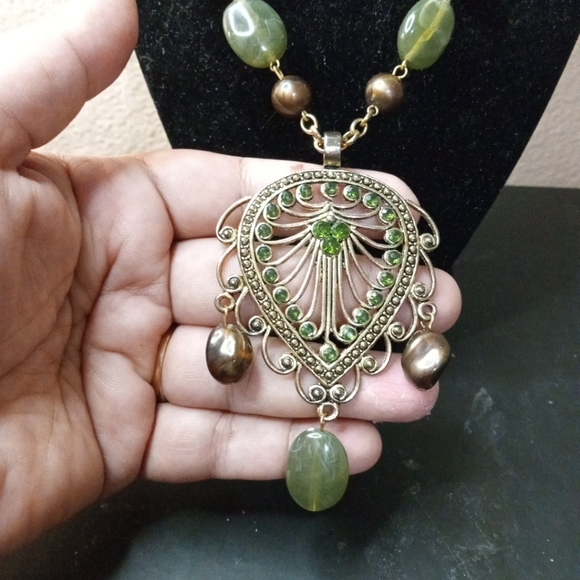 GORGEOUS Art Karat Agate & Beads 9" Drop with Filigree Pendant Boho Necklace - Picture 3 of 6
